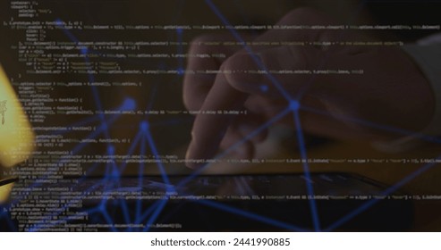 Finger scrolling the screen smartphone. Animation code lines data processing. Global online network digital interface technology