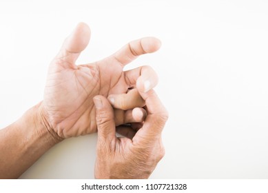 Finger of seniors who have problems trigger fingers on a white background.