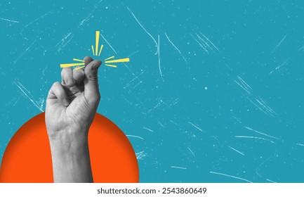 Finger snapping as a metaphor for rapid goal attainment. Artistic modern art collage. Concept of business and promotion.