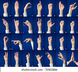 Finger Spelling Of Alphabet In Sign Language, On Blue Background