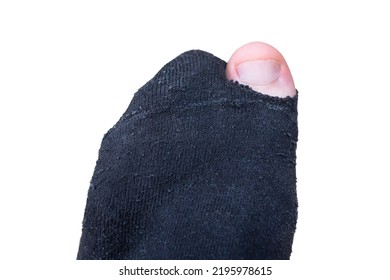 Finger Sticks Out Of A Torn Sock. Black Old Sock. Isolated On A White Background. Top View.