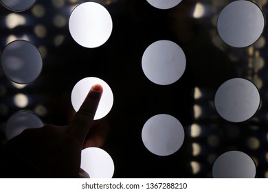 finger tapping on abstract interface digital wall - virtual room experience