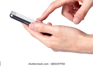 Finger Tapping Smartphone Screen, Phone Held In Hand, Modern Smart Phone In Hands, Interacting With A Mobile App Concept. Finger Overing Over Display. Simple Tap Gesture Isolated On White, Cut Out