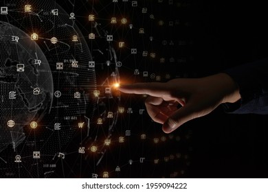 Finger touch over a digital data network connection, Technology global network big data analysis background concept