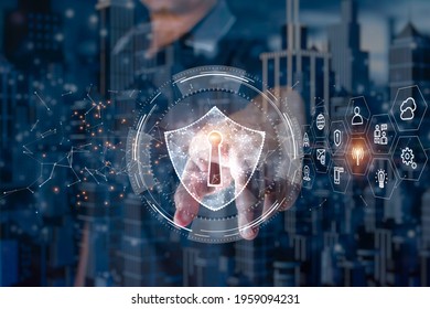 Finger touch shield Icon and HUD of cyber security in smart city, Digital Data Network Protection, Technology global network big data analysis background concept