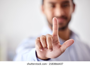 Finger touching, choosing and pushing with hand on virtual touchscreen interface. Closeup of human resource manager using innovation display to select, nominate or pick candidates for a job