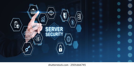 Finger touching digital interface with server security icons on dark background. Concept of cybersecurity, data protection, and technology