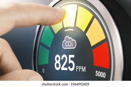 Finger Touching Digital Screen Of A CO2 Monitor To Measure Indoor Air Quality And Carbon Dioxide Concentration. Composite Image Between A Hand Photography And A 3D Background.