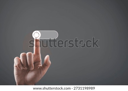 Finger touching digital toggle switch button representing power on off control, system activation, user interface setting, software operation, smart technology, modern UX design, digital interaction.