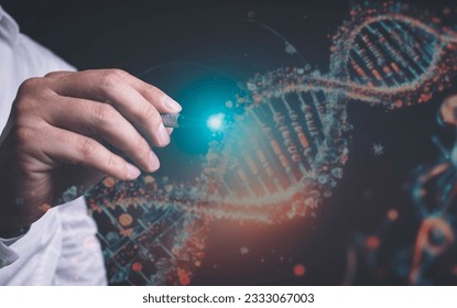 Finger touching DNA, genetically modified DNA, black background concept in invention. Developing genetically modified human genes - Shutterstock ID 2333067003