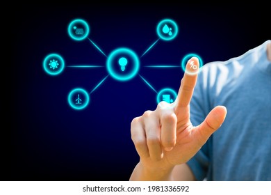 Finger Touching Ob Flow Chart Of Blue Icon Of Energy Resource, Solar Cell, Wind, Fossil Fuel, Sun, Nuclear, Hot Spring On Blue And Black Background. Energy Concept.