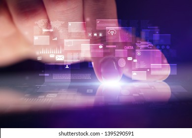 Finger touching tablet with global database concept and dark background