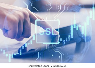 Finger touching tablet screen with SSL icon overlay, circuit graphics and candlestick chart on light background. Concept of secure financial data access