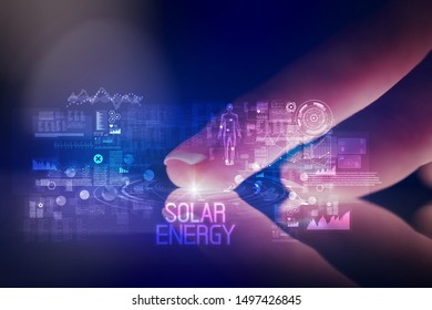 Finger touching tablet with web technology icons and SOLAR ENERGY inscription
