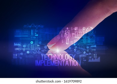 Finger touching tablet with web technology icons and TECHNOLOGY IMPLEMENTATION inscription
