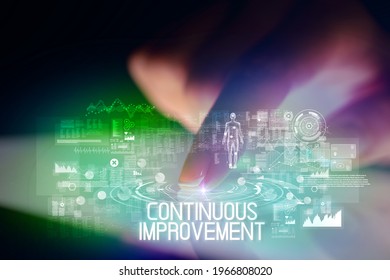 Finger touching tablet with web technology icons concept