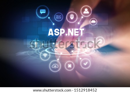 Finger touching tablet with web technology icons and ASP.NET inscription, web technology concept