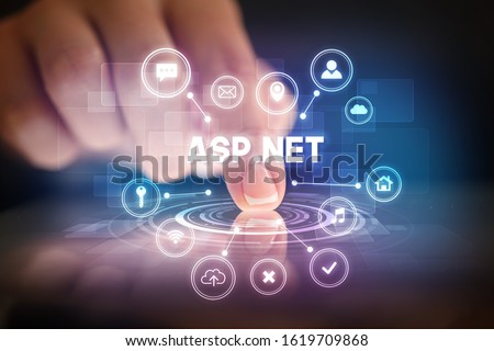 Finger touching tablet with web technology icons and ASP.NET inscription, web technology concept