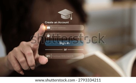 Finger touching virtual e-learning create account screen with graduation cap, email, password fields, sign in button, and card ID option, representing student registration and online education access.