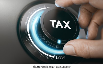 Finger Turning A Tax Knob With Blue Light To Reduce Taxes. Lowering Taxable Income Concept. Composite Image Between A Hand Photography And A 3D Background.