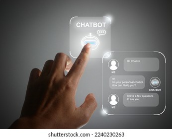 Finger using a digital chatbot computer program. Customer support service automation. AI artificial technology for chatterbot, conversational agents, robot application, conversation assistant