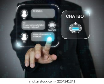 Finger using a digital chatbot computer program. Customer support service automation. AI artificial technology for chatterbot, conversational agents, robot application, conversation assistant