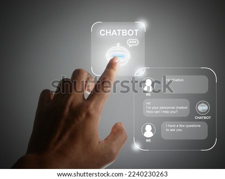 Finger using a digital chatbot computer program. Customer support service automation. AI artificial technology for chatterbot, conversational agents, robot application, conversation assistant