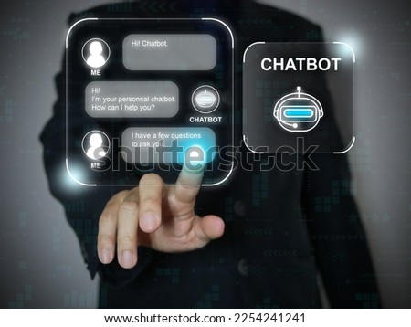Finger using a digital chatbot computer program. Customer support service automation. AI artificial technology for chatterbot, conversational agents, robot application, conversation assistant