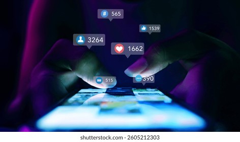 Finger of woman touching scroll page app on mobile phone.In a room with blue and purple neon tones.concept Social Media, Marketing, Post - Structure, Image-based Social Media, like buttons