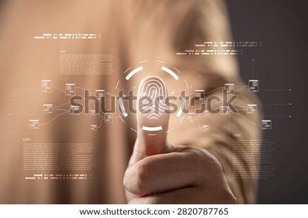 Fingerprint biometric authentication interface with digital identity verification, representing cybersecurity, access control, data protection, secure login, privacy management, and identity security.