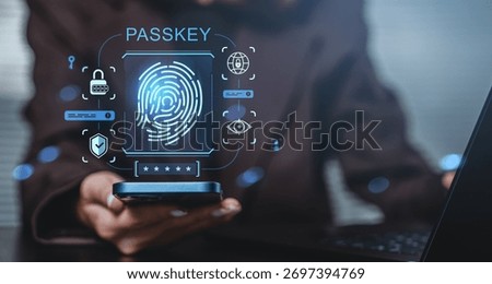Fingerprint biometric authentication with passkey interface shown on smartphone, digital style, blurred office background, concept of identity verification