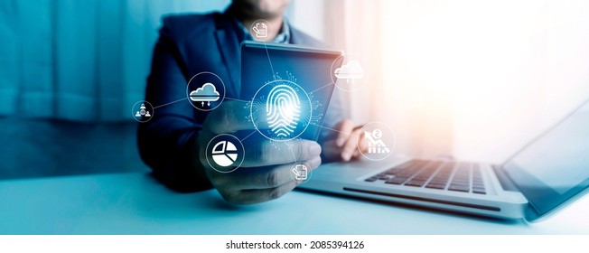 Fingerprint Biometric Digital Scan Technology. Graphic interface showing man finger with print scanning identification. Concept of digital security and private data access by use fingerprint scanner.