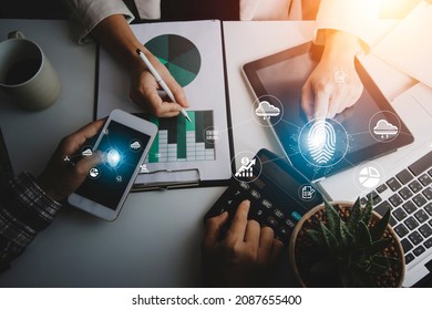 Fingerprint Biometric Digital Scan Technology. Graphic interface showing man finger with print scanning identification. Concept of digital security and private data access by use fingerprint scanner.