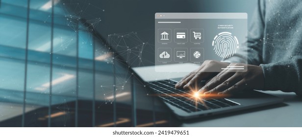 Fingerprint biometrics and digital identity protection concept, businessman using laptop ensuring privacy in cyberspace, biometric authentication for safe online business, security and cyber analysis.