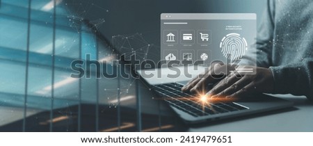 Fingerprint biometrics and digital identity protection concept, businessman using laptop ensuring privacy in cyberspace, biometric authentication for safe online business, security and cyber analysis.