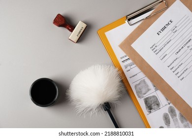 Fingerprint Brush, Powder And Fingerprint ID Card On Gray Background, Police Crime Lab