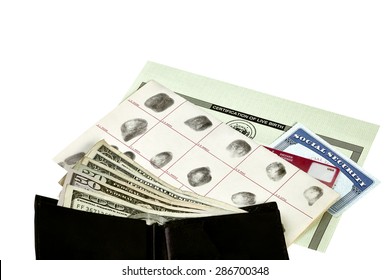 Fingerprint Card, Driver's License, Social Security Card And Birth Certificate Isolated On White With Wallet And Paper Money