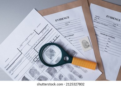 Fingerprint Card, Magnifying Glass On  Background Of Evidence Packaging, Forensic Fingerprint Analysis