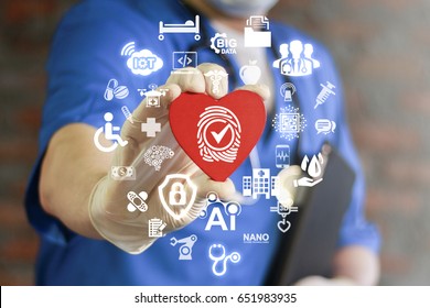 Fingerprint Health Care Security Identification Concept. Medical Safety Scanning Web Computer. Doctor Offers Red Heart With Finger Print Icon On Virtual Screen. Biometric Medicine Access Data Secure.