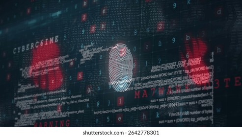 Fingerprint icon glowing and scanning digital security interface, with red handprints, code alerts. Cybersecurity, biometric, protection, digital, warning, alert, data