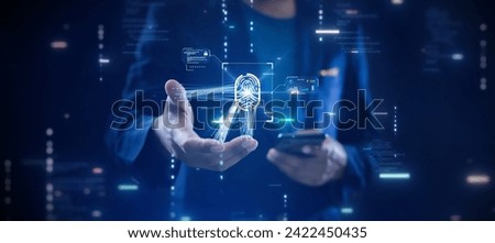 Fingerprint identification technology concept login on your smartphone to secure privacy of personal information. Male businessman uses hand to scan fingerprint with abstract binary code on background