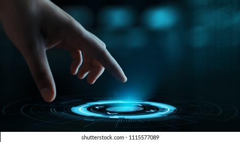 Fingerprint scan provides security access with biometrics identification. Business Technology Safety Internet Concept.