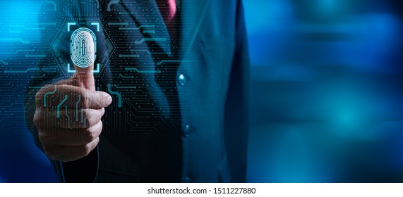 Fingerprint scan provides security access with biometrics identification.Businessman scan fingerprint biometric identity and approval.Business Technology Safety Internet Concept.