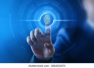 Fingerprint scan provides security access with biometrics identification. Business Technology Safety Internet Concept