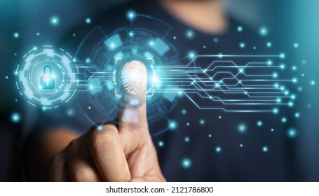 Fingerprint Scan Provides Security Access With Biometrics Identification. New Technology Fingerprint Scan For Unlock Bigdata And Business Process Strategy. Digital Transformation Change Management.IOT