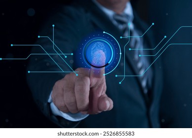 Fingerprint scan provides security access with biometrics identification. Secure access granted by valid fingerprint scan, digital program futuristic applications cybernetic business - Powered by Shutterstock