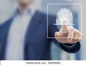 Fingerprint Scan Provides Security Access With Biometrics Identification, Person Touching Screen With Finger In Background