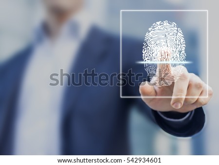 Fingerprint scan provides security access with biometrics identification, person touching screen with finger in background