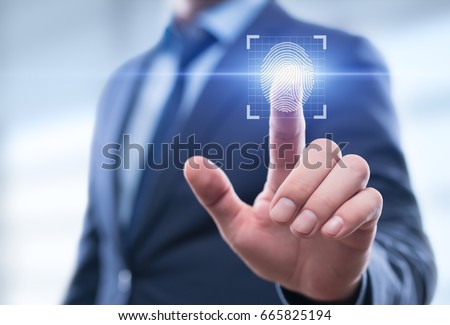 Fingerprint scan provides security access with biometrics identification. Business Technology Safety Internet Network Concept