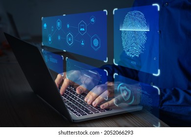 Fingerprint Scan For Secure Access To Protected Data Network With Biometrics. Person Using Finger Print Authentication Technology On Laptop Computer To Login On Private System.